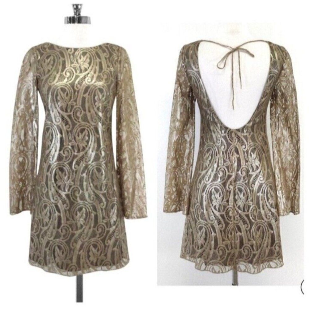 Tibi Dress Gold Metallic‎ Lace Party Cocktail Open Back  Size 4